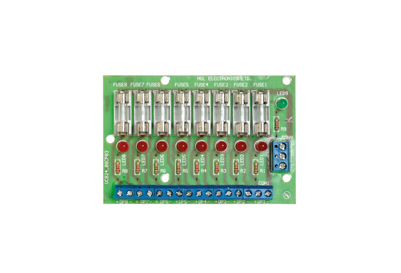 PCB board with 8 individual fused 0.5 amp outputs