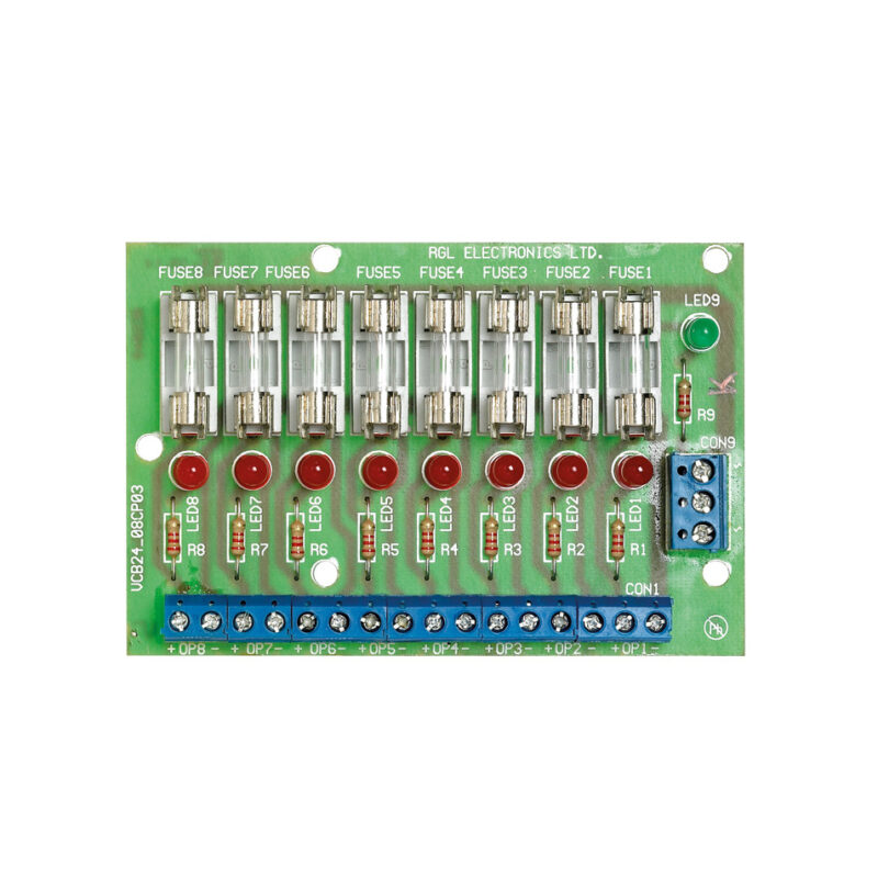 PCB board with 8 individual fused 0.5 amp outputs