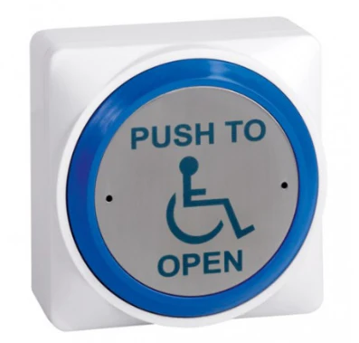 SPB020S - Surface blue rim plastic exit button with disabled logo